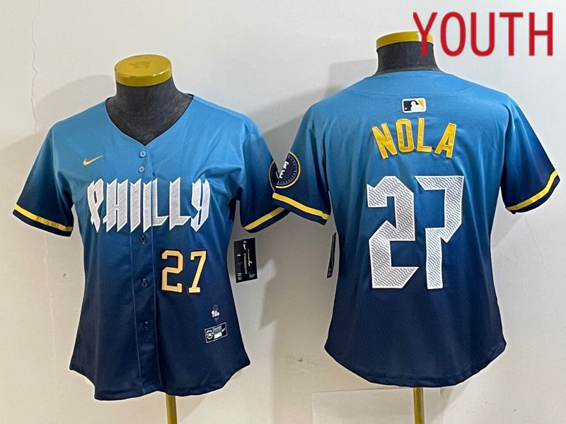 Youth Philadelphia Phillies 27 Nola Blue City Edition Nike 2024 MLB Jersey style 3